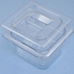 Small. Three piece set includes tray, strainer and lid.  Clear Plastic. For Storage/Transportation Only. 6 1/2