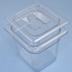 Small. Three piece set includes tray, strainer and lid.  Clear Plastic. For Storage/Transportation Only. 6 1/2