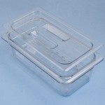 Medium. Three piece set includes tray, strainer and lid.  Clear Plastic. For Storage/Transportation Only. 7